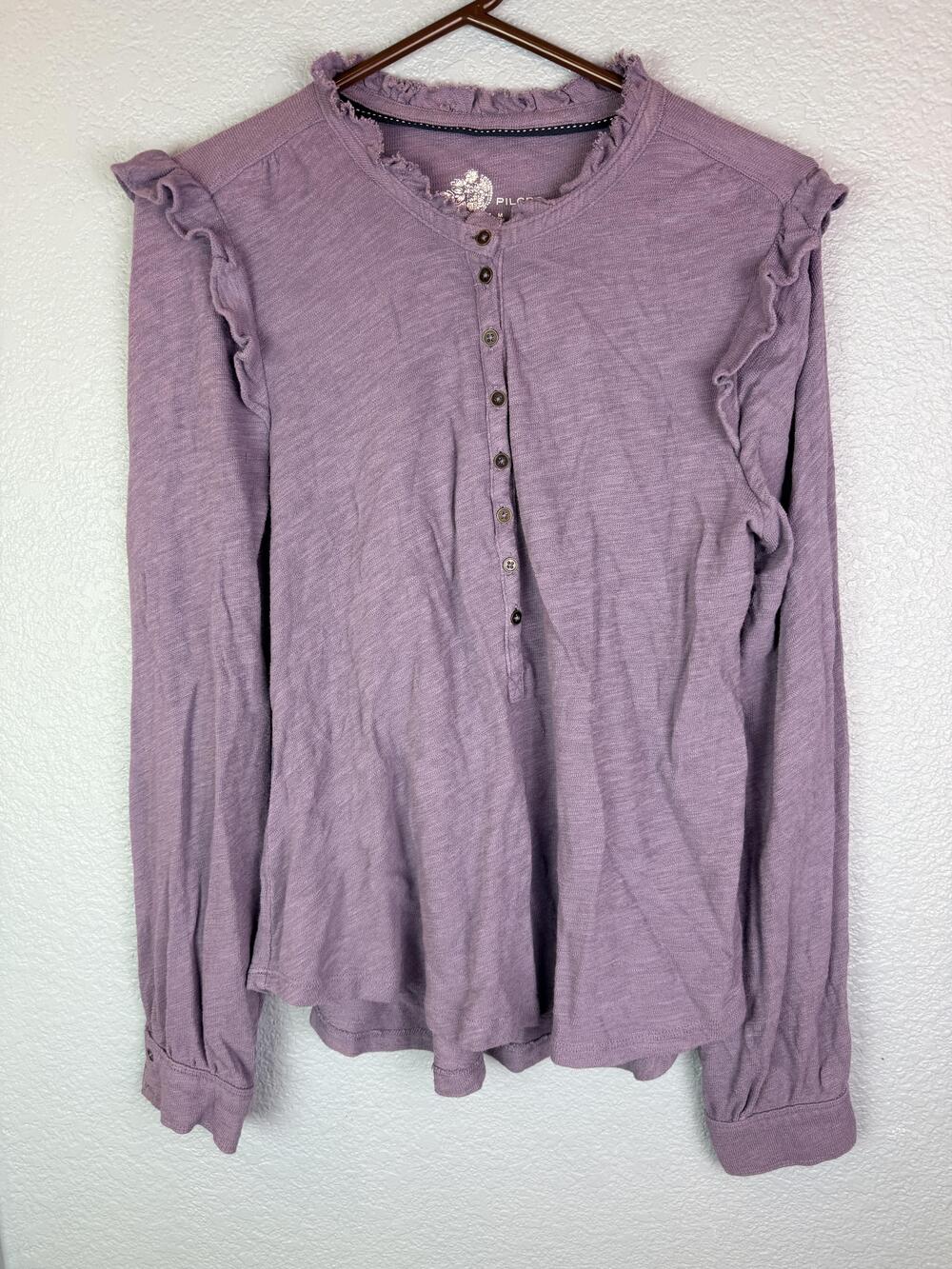 Pilcro Shirt Womens Medium Purple Ruffle Henley Long Sleeve Boho Casual Top